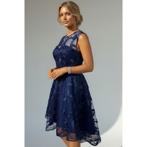 Navy Blue Floral Lace Illusion High-Low‎ Cocktail Dress Size 84-68 Prom Wedding